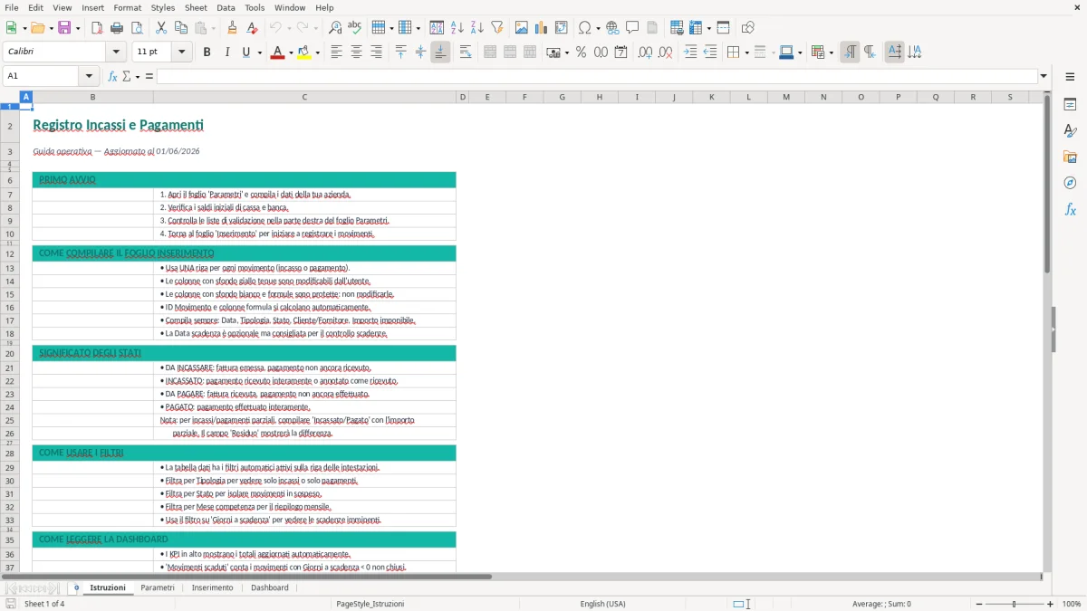 Screenshot 1: Foglio Istruzioni - Modello Excel registro incassi e pagamenti excel