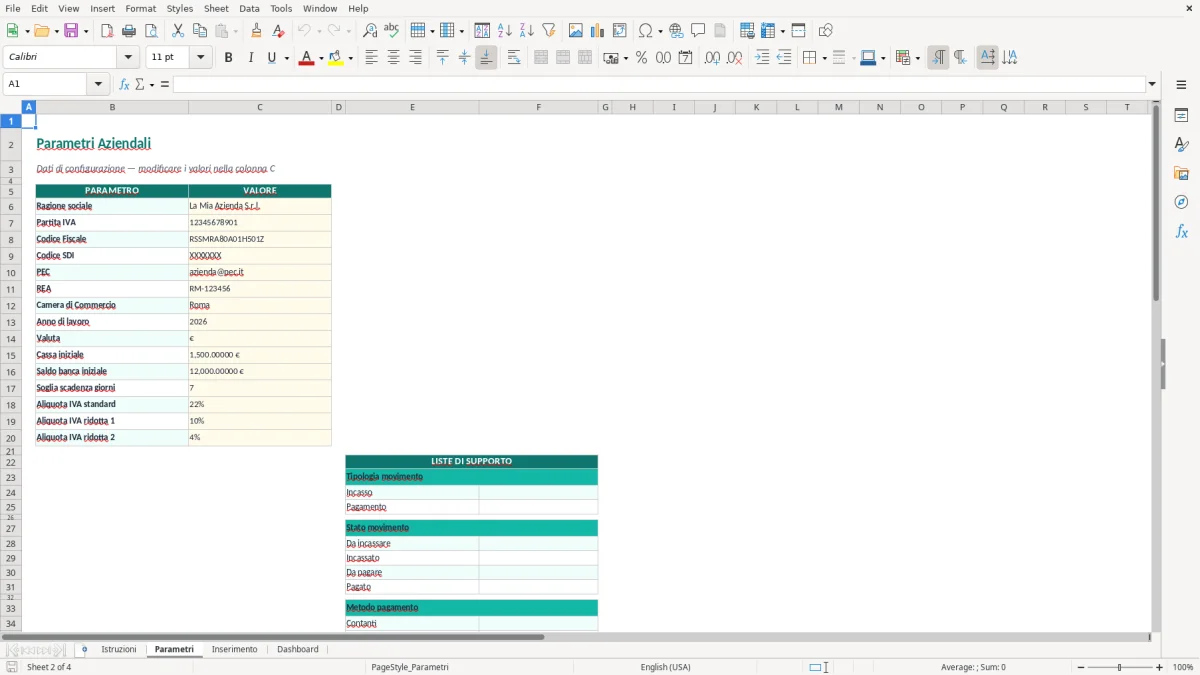 Screenshot 2: Foglio Parametri - Modello Excel registro incassi e pagamenti excel