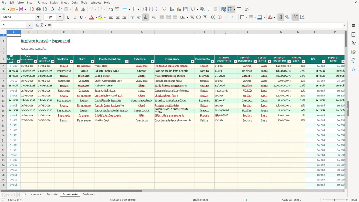 Screenshot 3: Foglio Inserimento - Modello Excel registro incassi e pagamenti excel