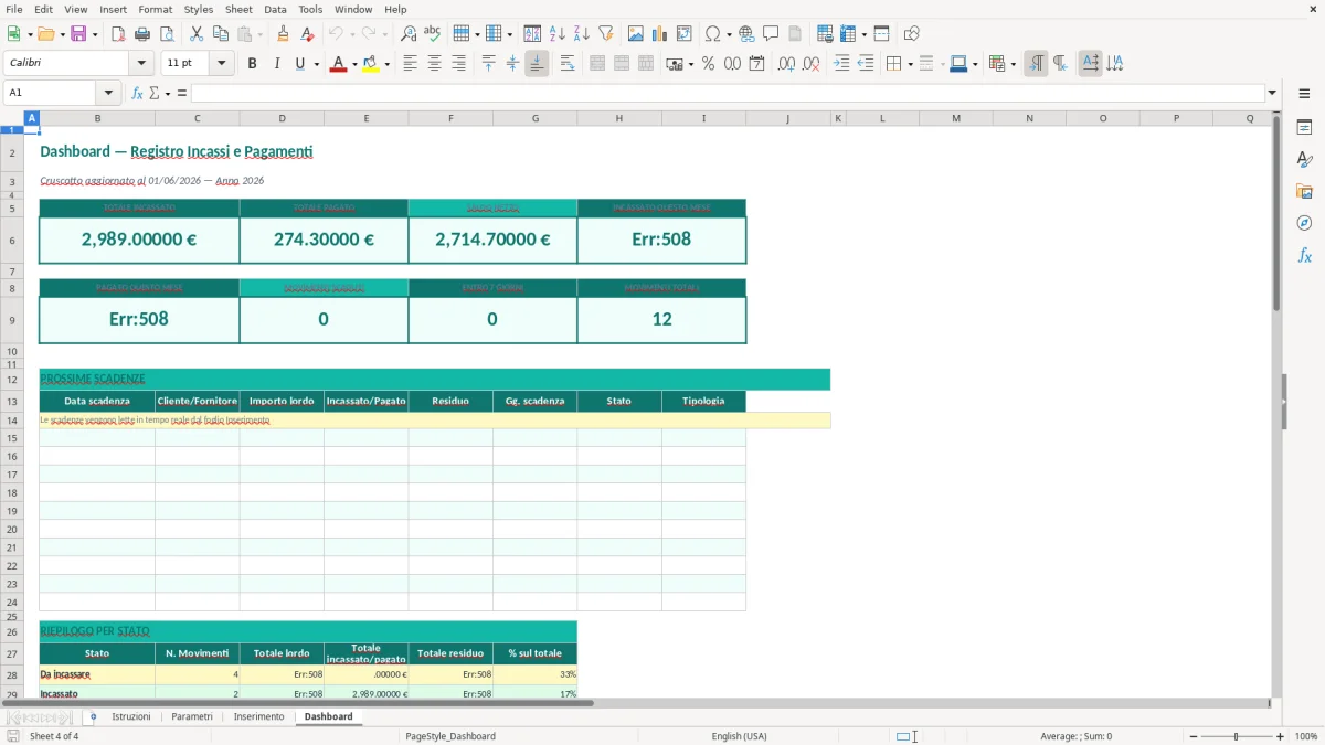 Screenshot 4: Foglio Dashboard - Modello Excel registro incassi e pagamenti excel
