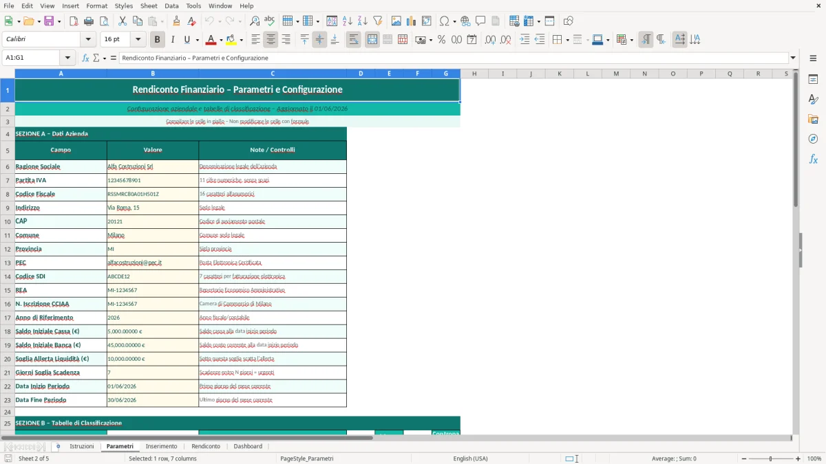 Screenshot 2: Foglio Parametri - Modello Excel rendiconto finanziario excel