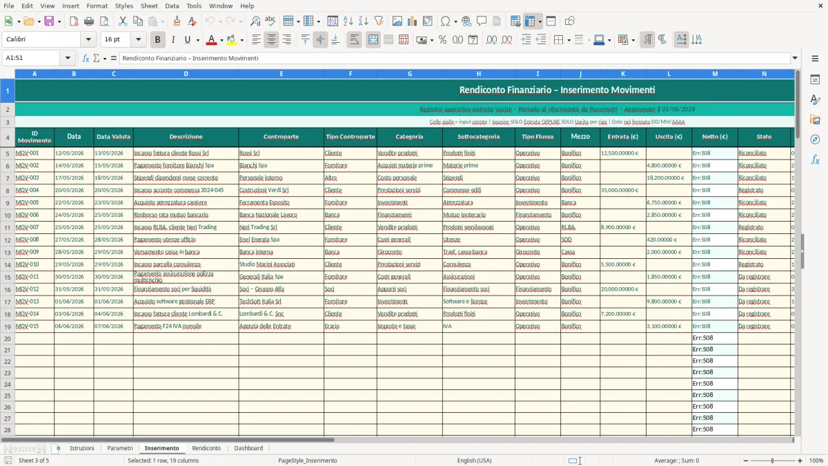 Screenshot 3: Foglio Inserimento - Modello Excel rendiconto finanziario excel