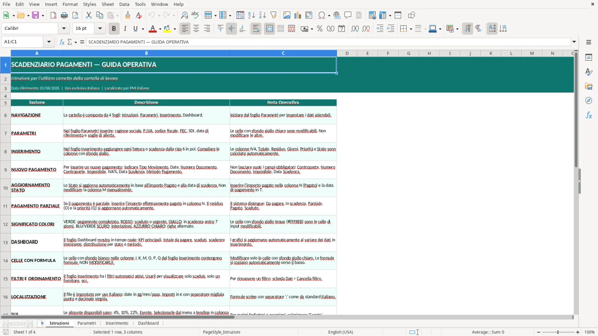Screenshot 1: Foglio Istruzioni - Modello Excel scadenziario pagamenti excel