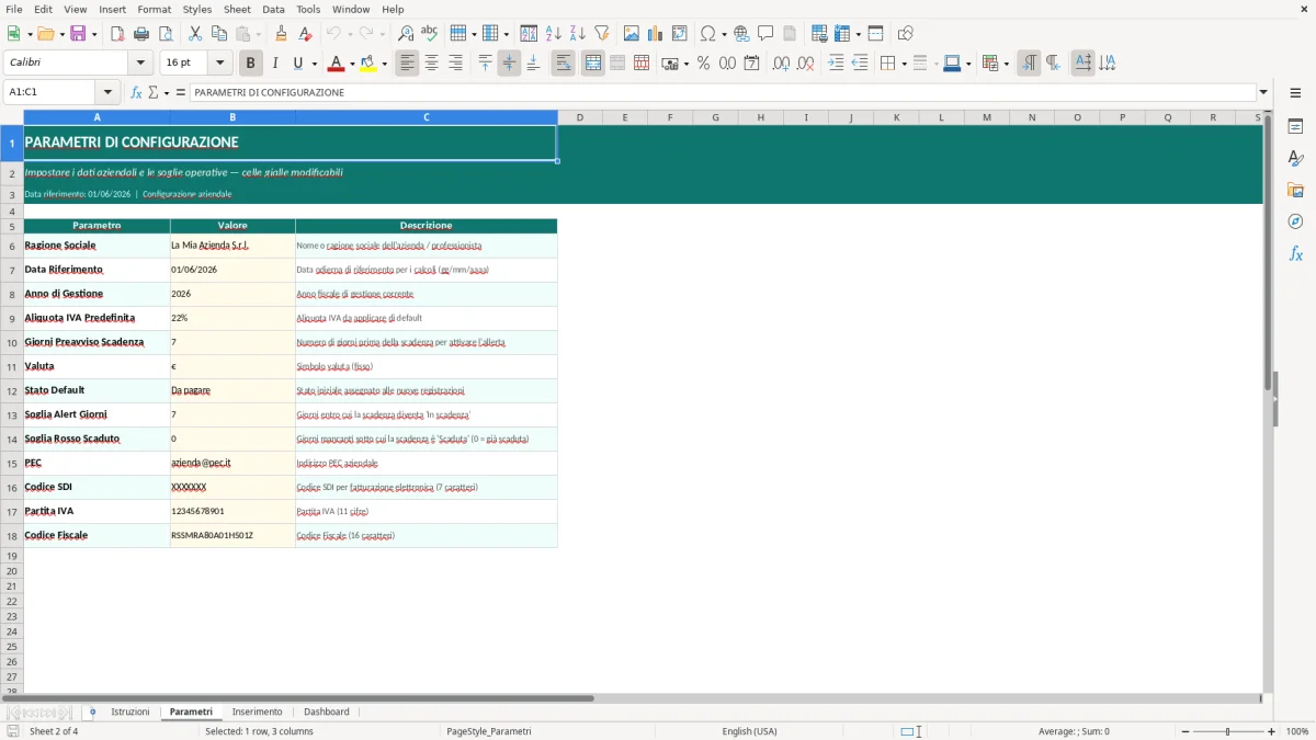 Screenshot 2: Foglio Parametri - Modello Excel scadenziario pagamenti excel