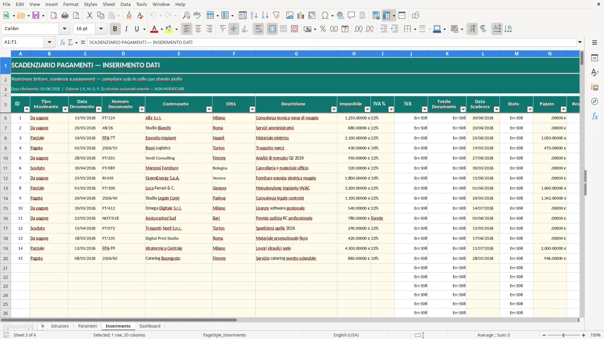 Screenshot 3: Foglio Inserimento - Modello Excel scadenziario pagamenti excel