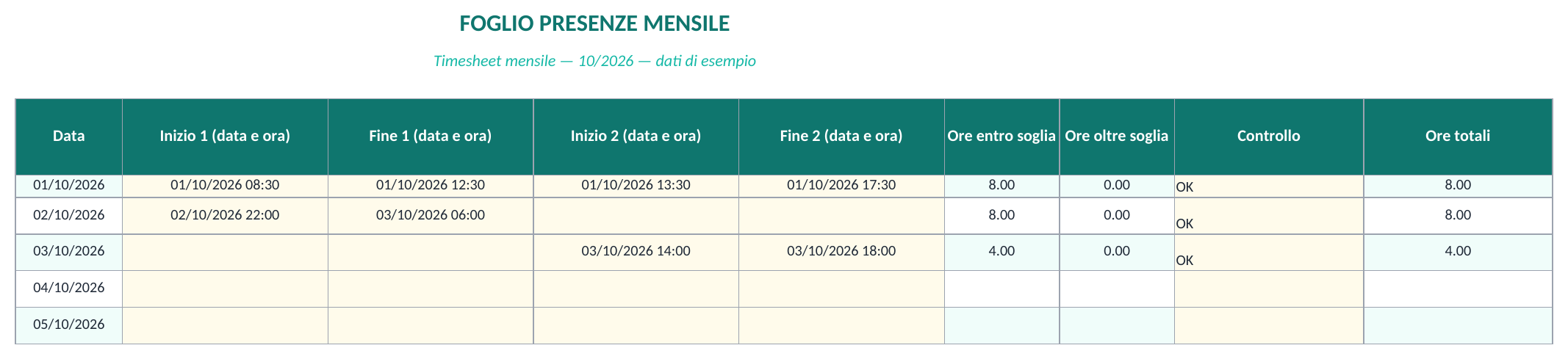 Timesheet: due intervalli, turno notturno e ore — anteprima reale del file Excel revisionato il 20/10/2026