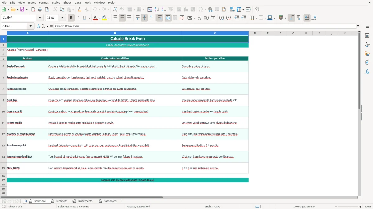 Screenshot 1: Foglio Istruzioni - Modello Excel calcolo break even excel