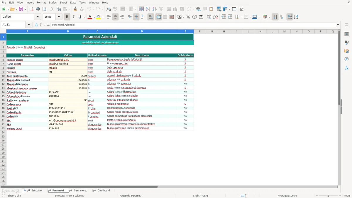 Screenshot 2: Foglio Parametri - Modello Excel calcolo break even excel