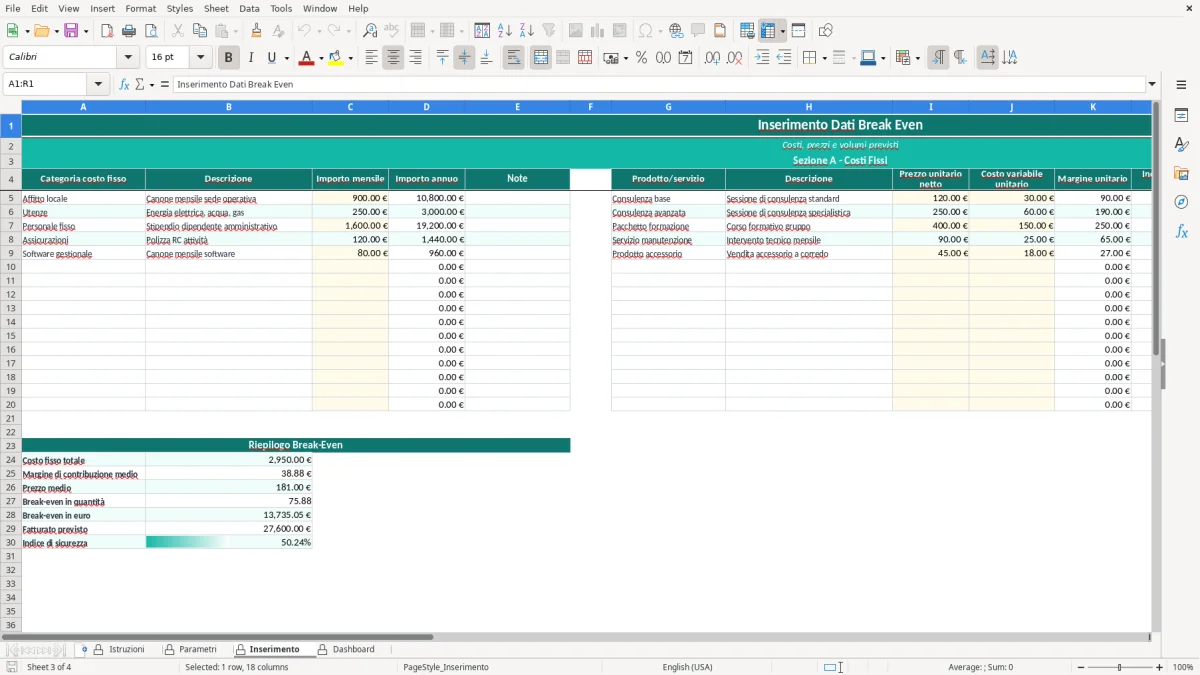 Screenshot 3: Foglio Inserimento - Modello Excel calcolo break even excel