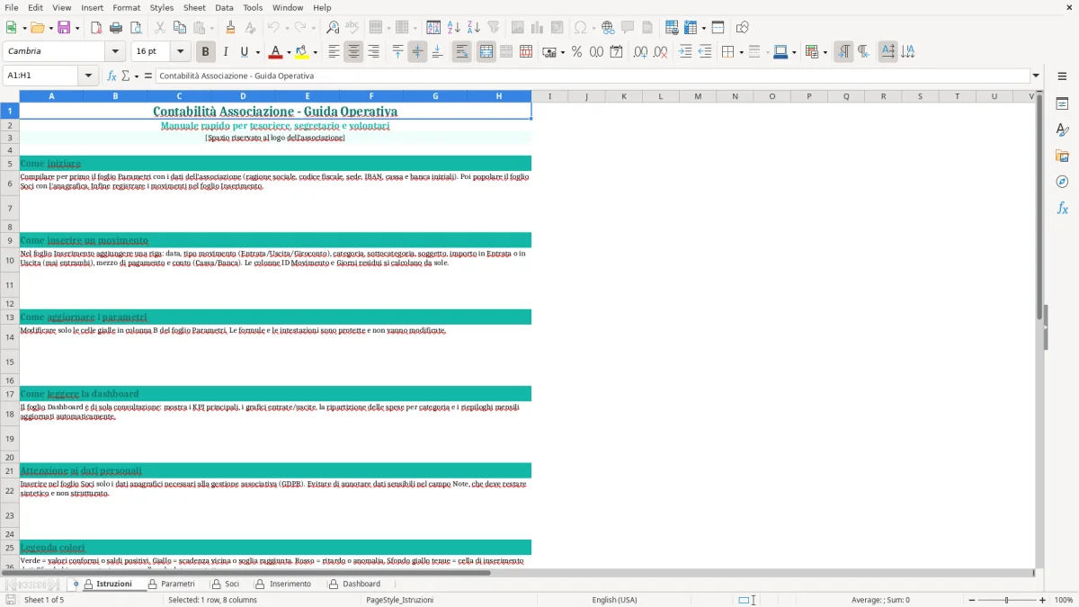 Screenshot 1: Foglio Istruzioni - Modello Excel contabilita associazione excel