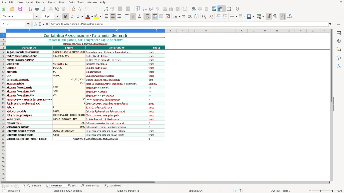 Screenshot 2: Foglio Parametri - Modello Excel contabilita associazione excel