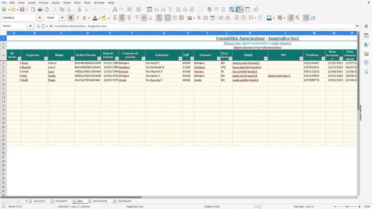 Screenshot 3: Foglio Soci - Modello Excel contabilita associazione excel