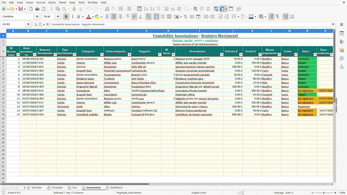 Screenshot 4: Foglio Inserimento - Modello Excel contabilita associazione excel