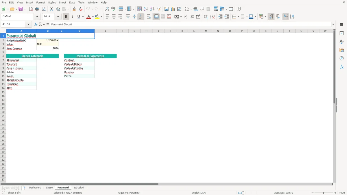 Screenshot 3: Foglio Parametri - Modello Excel gestione spese excel gratis