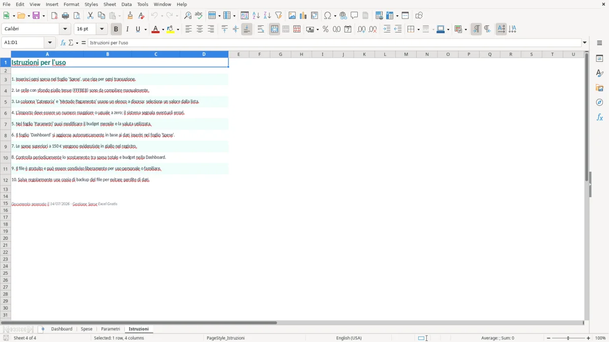 Screenshot 4: Foglio Istruzioni - Modello Excel gestione spese excel gratis