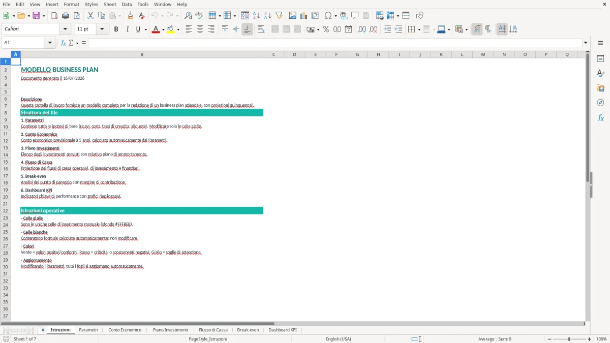 Screenshot 1: Foglio Istruzioni - Modello Excel modello business plan excel