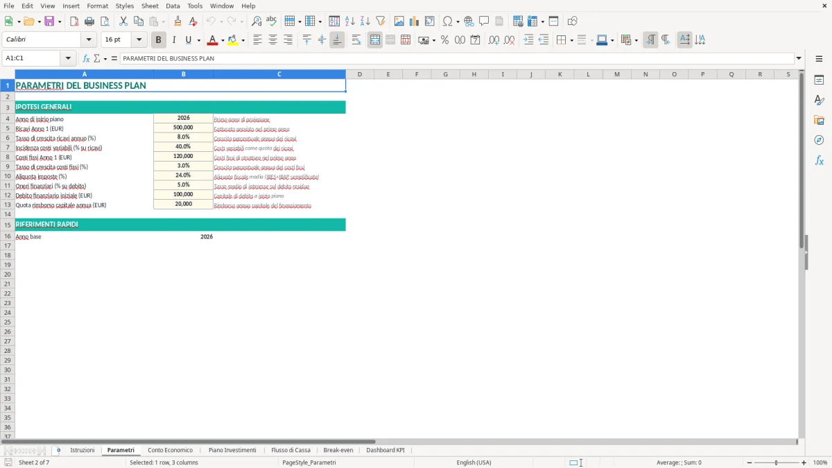 Screenshot 2: Foglio Parametri - Modello Excel modello business plan excel