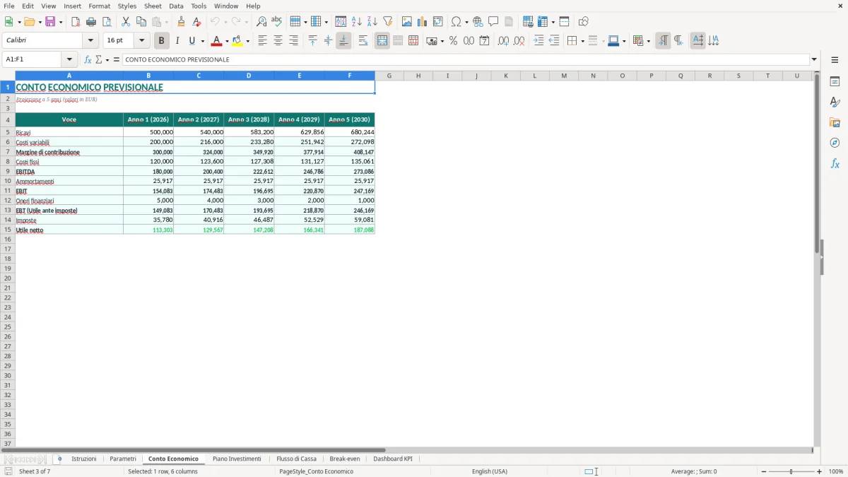 Screenshot 3: Foglio Conto Economico - Modello Excel modello business plan excel