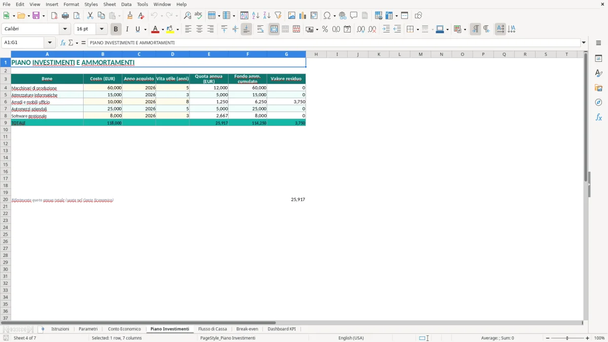 Screenshot 4: Foglio Piano Investimenti - Modello Excel modello business plan excel
