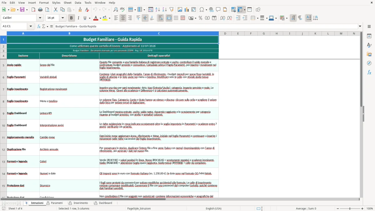 Screenshot 1: Foglio Istruzioni - Modello Excel modello excel budget familiare
