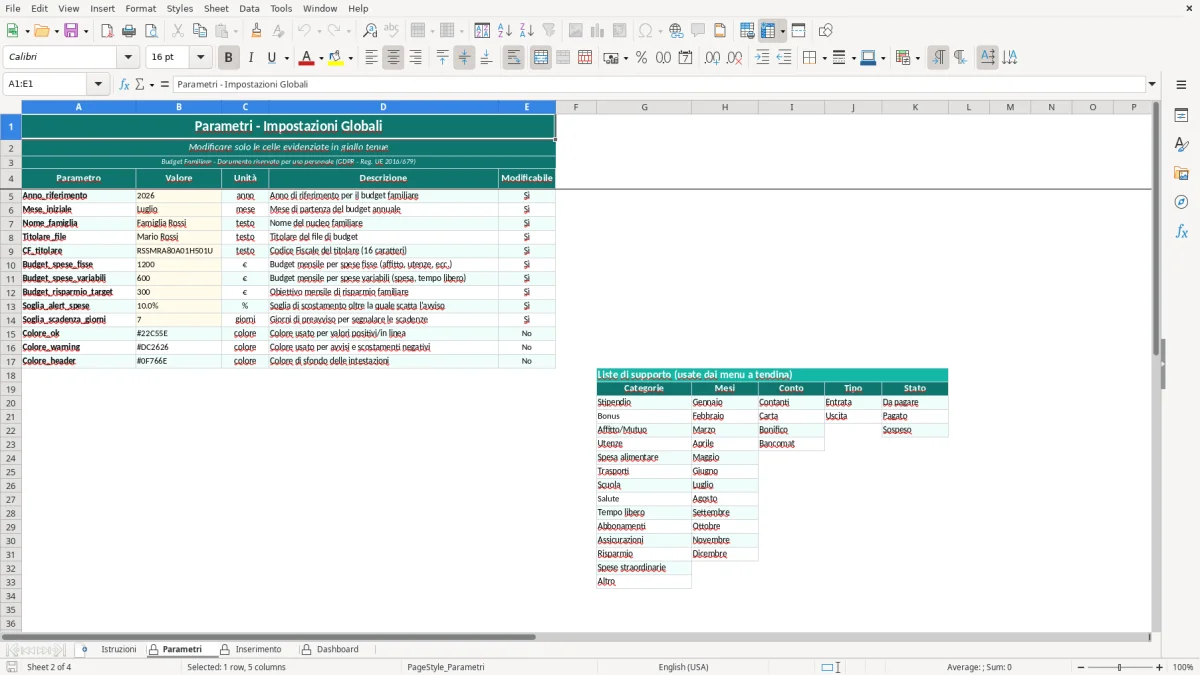 Screenshot 2: Foglio Parametri - Modello Excel modello excel budget familiare