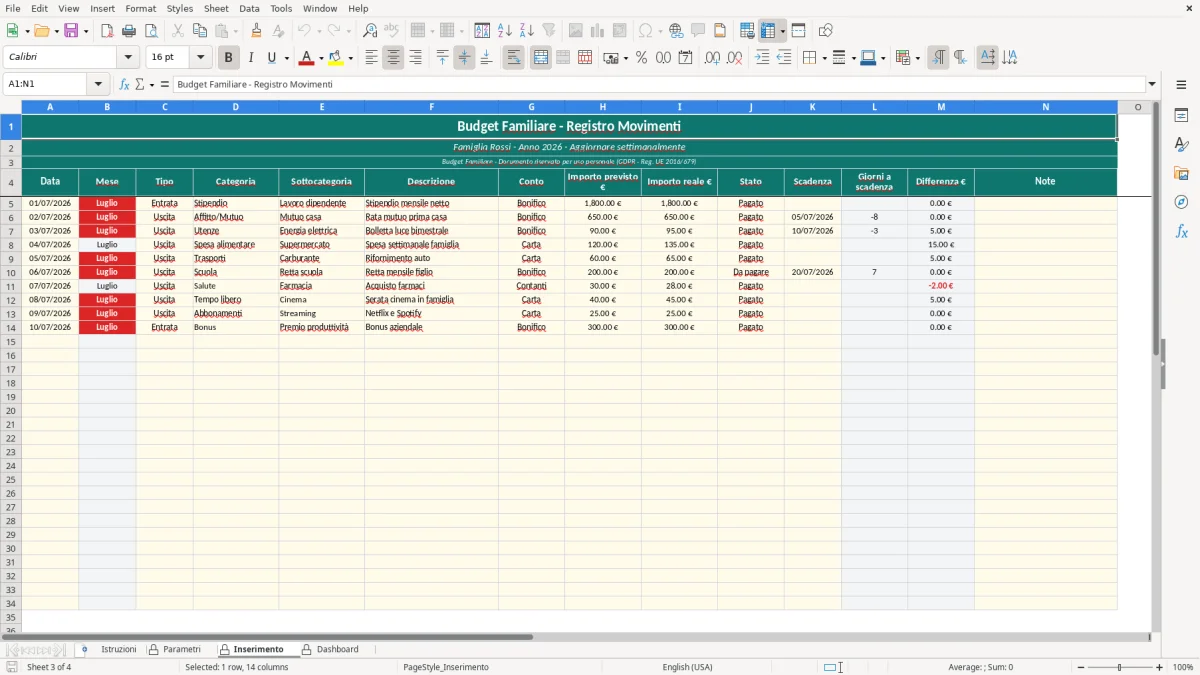 Screenshot 3: Foglio Inserimento - Modello Excel modello excel budget familiare