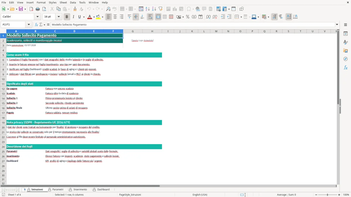 Screenshot 1: Foglio Istruzioni - Modello Excel modello sollecito pagamento excel