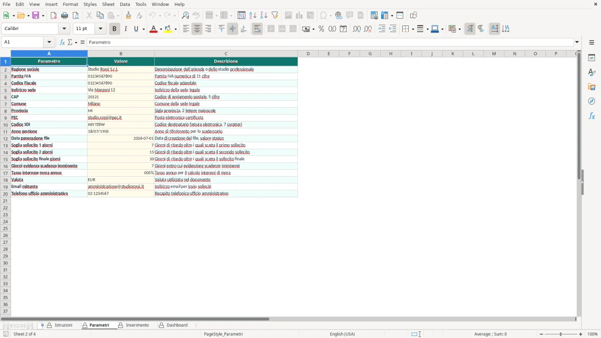 Screenshot 2: Foglio Parametri - Modello Excel modello sollecito pagamento excel