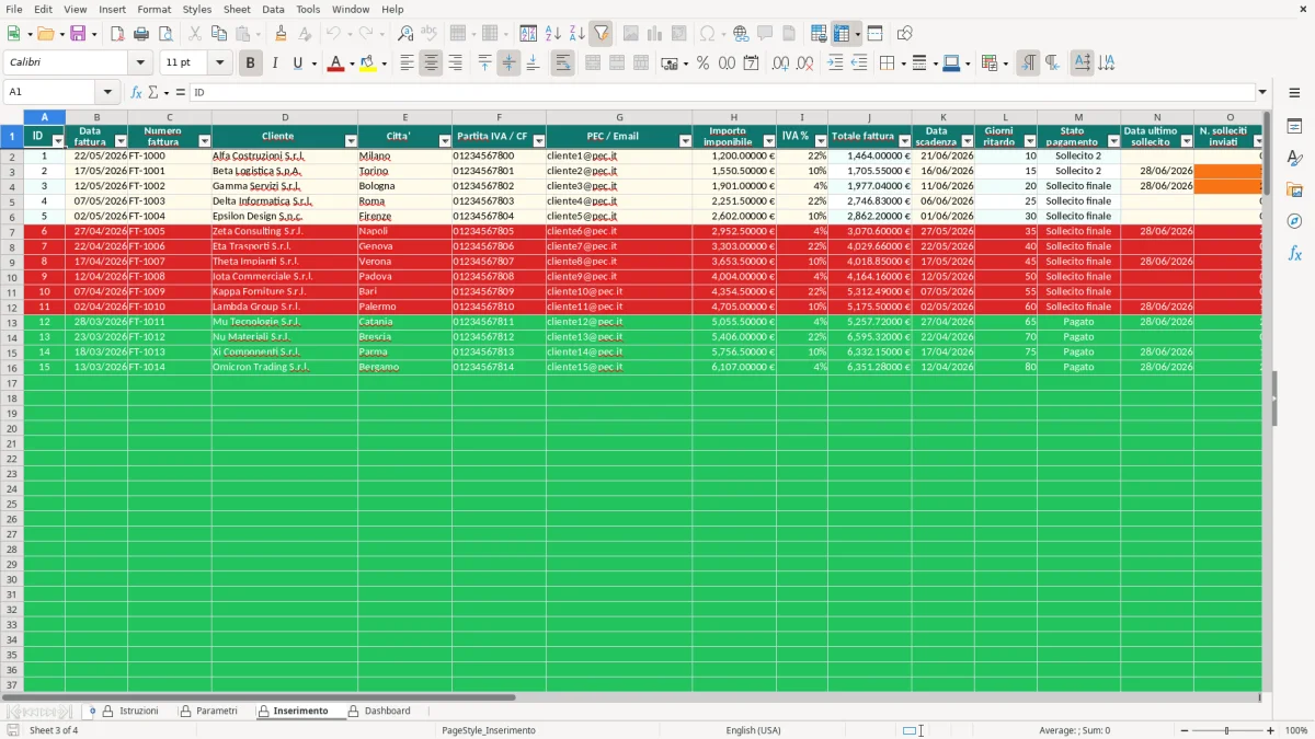 Screenshot 3: Foglio Inserimento - Modello Excel modello sollecito pagamento excel