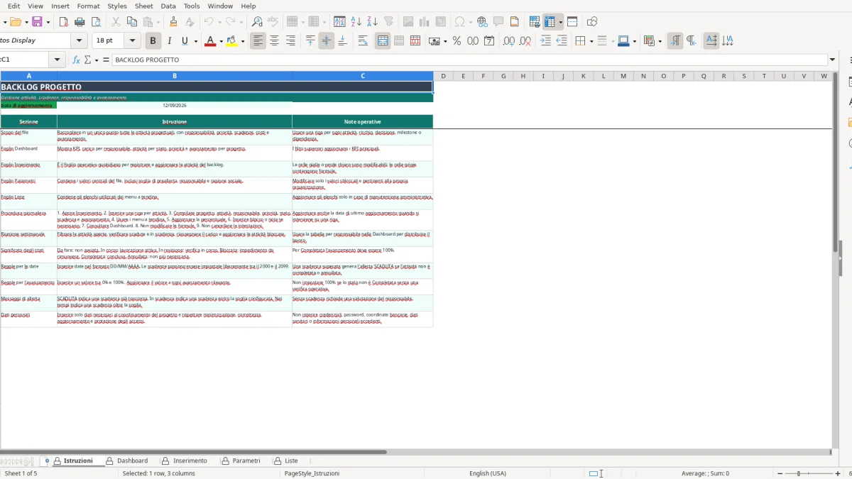 Screenshot 1: Istruzioni tab - Excel template backlog progetto excel