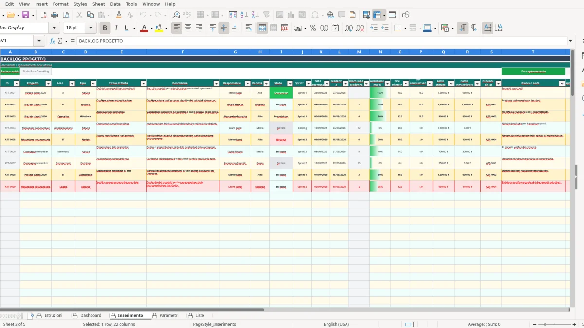Screenshot 3: Inserimento tab - Excel template backlog progetto excel