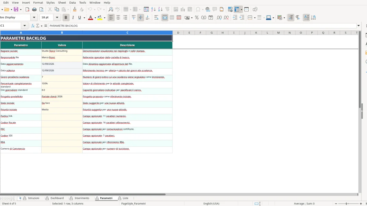 Screenshot 4: Parametri tab - Excel template backlog progetto excel