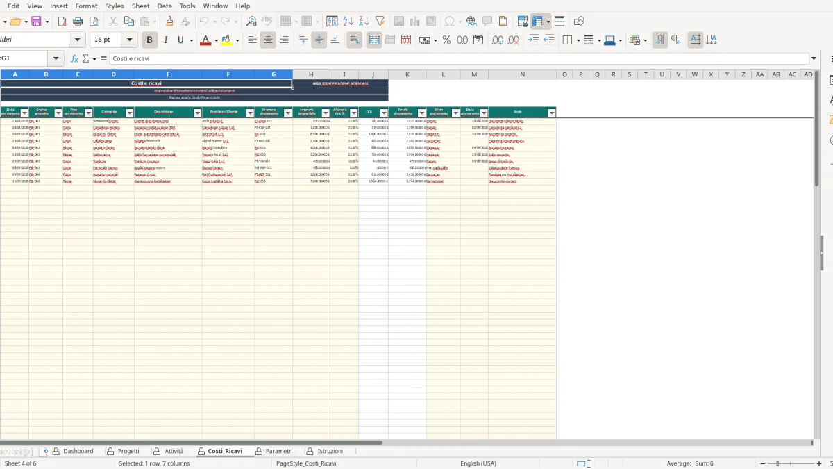 Screenshot 4: Costi_Ricavi tab - Excel template dashboard KPI progetto excel