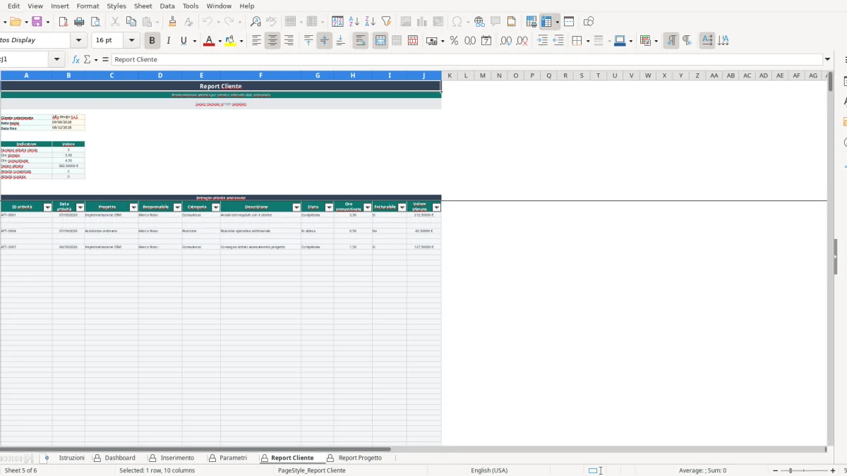 Screenshot 4: Parametri tab - Excel template foglio excel tracciamento attivita