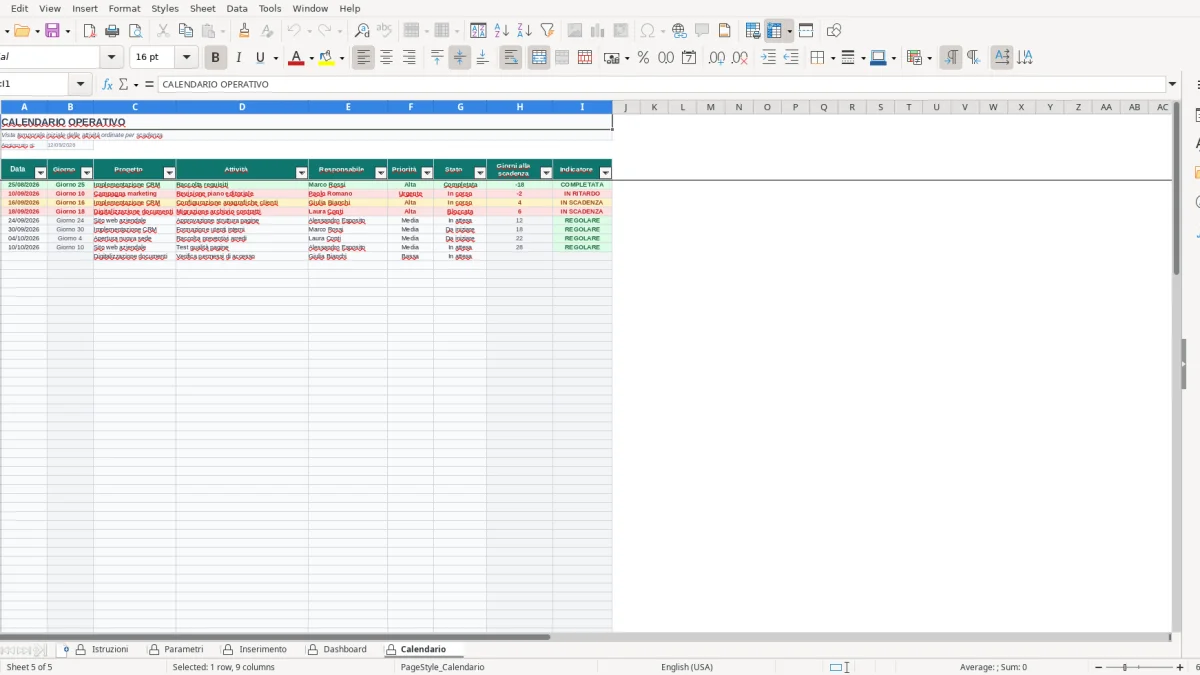 Screenshot 2: Parametri tab - Excel template lista attivita progetto excel