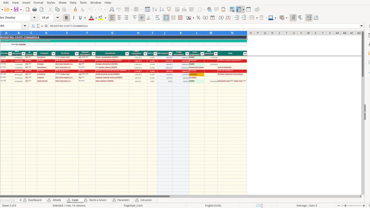 Screenshot 3: Costi tab - Excel template modello report avanzamento lavori excel