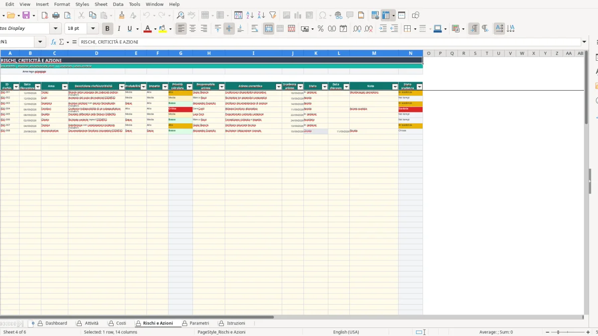 Screenshot 4: Rischi e Azioni tab - Excel template modello report avanzamento lavori excel