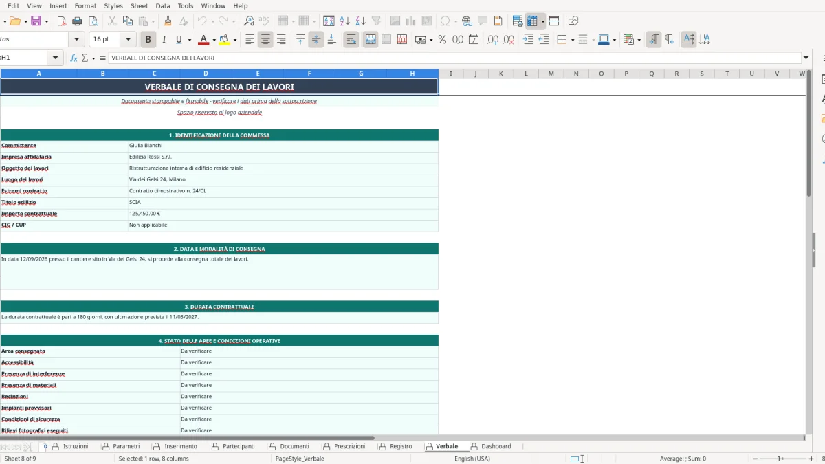 Screenshot 1: Istruzioni tab - Excel template modello verbale consegna lavori excel