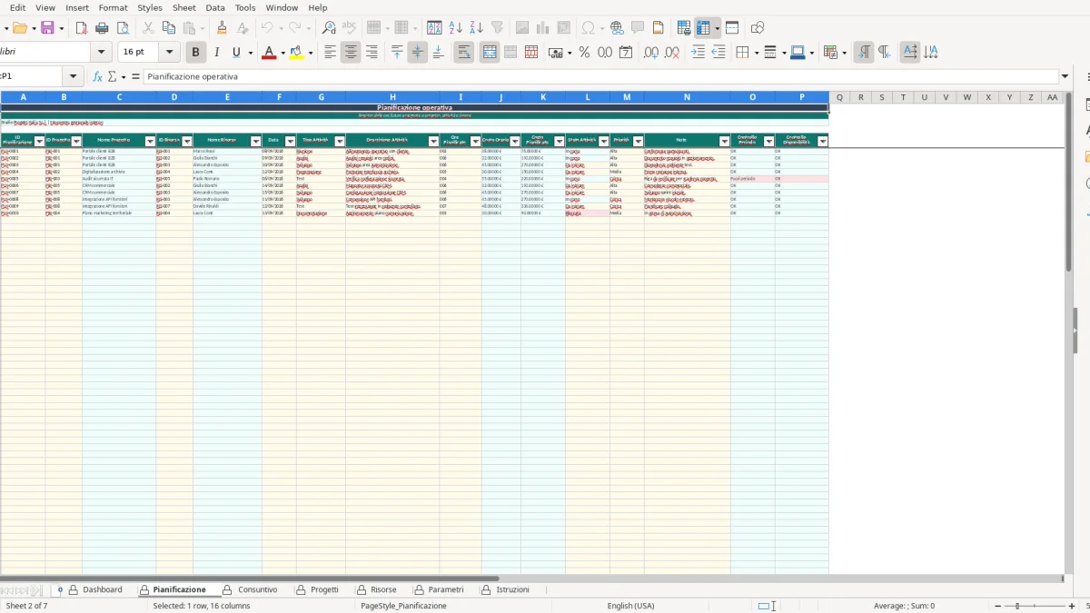 Screenshot 2: Pianificazione tab - Excel template planning risorse progetto excel