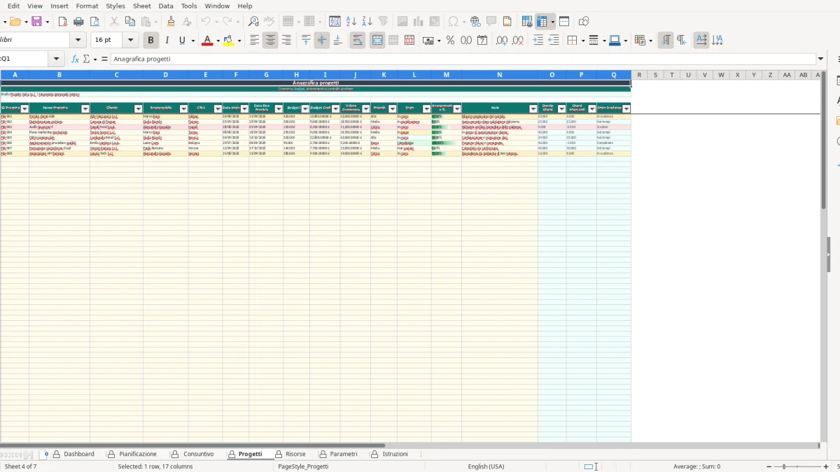 Screenshot 4: Progetti tab - Excel template planning risorse progetto excel