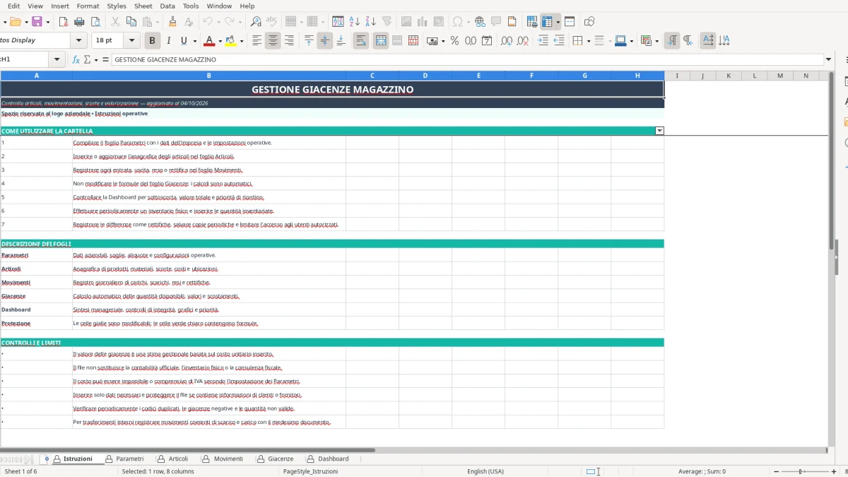 Screenshot 1: Istruzioni tab - Excel template foglio excel giacenze magazzino