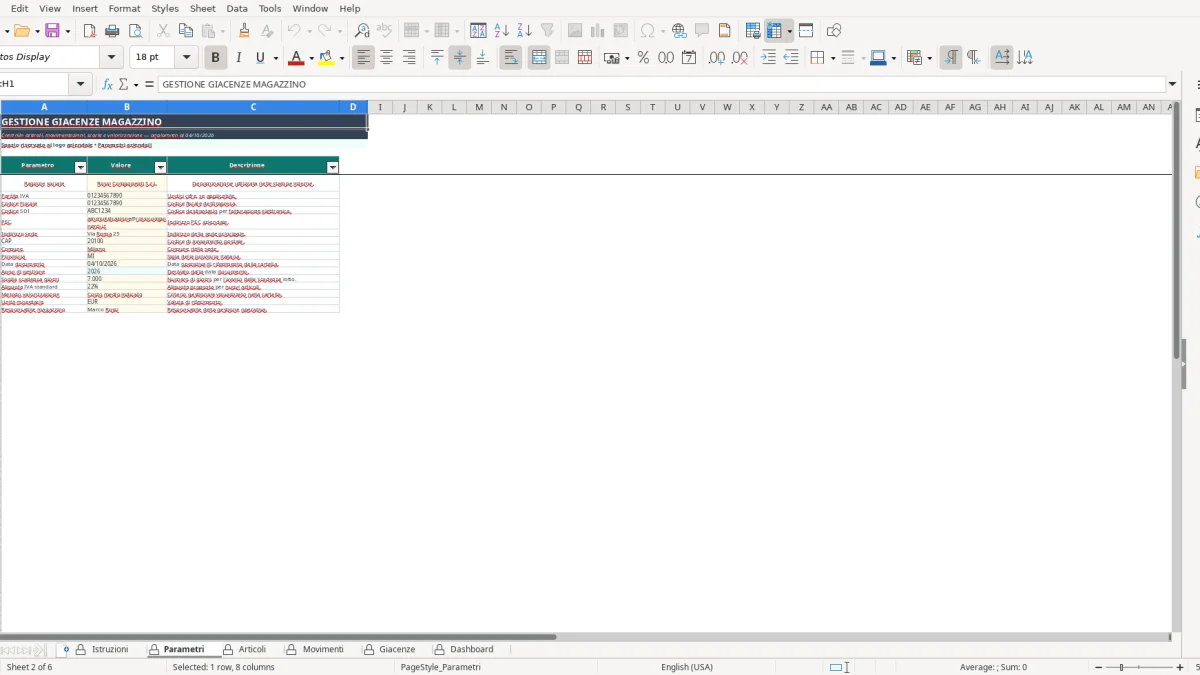 Screenshot 2: Parametri tab - Excel template foglio excel giacenze magazzino