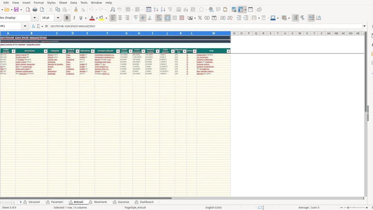 Screenshot 3: Articoli tab - Excel template foglio excel giacenze magazzino