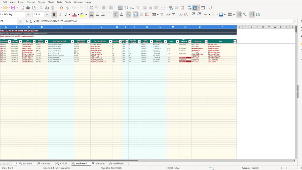 Screenshot 4: Movimenti tab - Excel template foglio excel giacenze magazzino