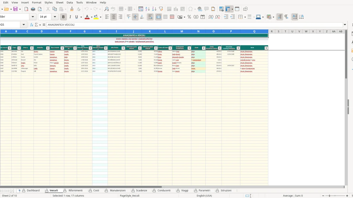 Screenshot 2: Veicoli tab - Excel template gestione flotta veicoli excel