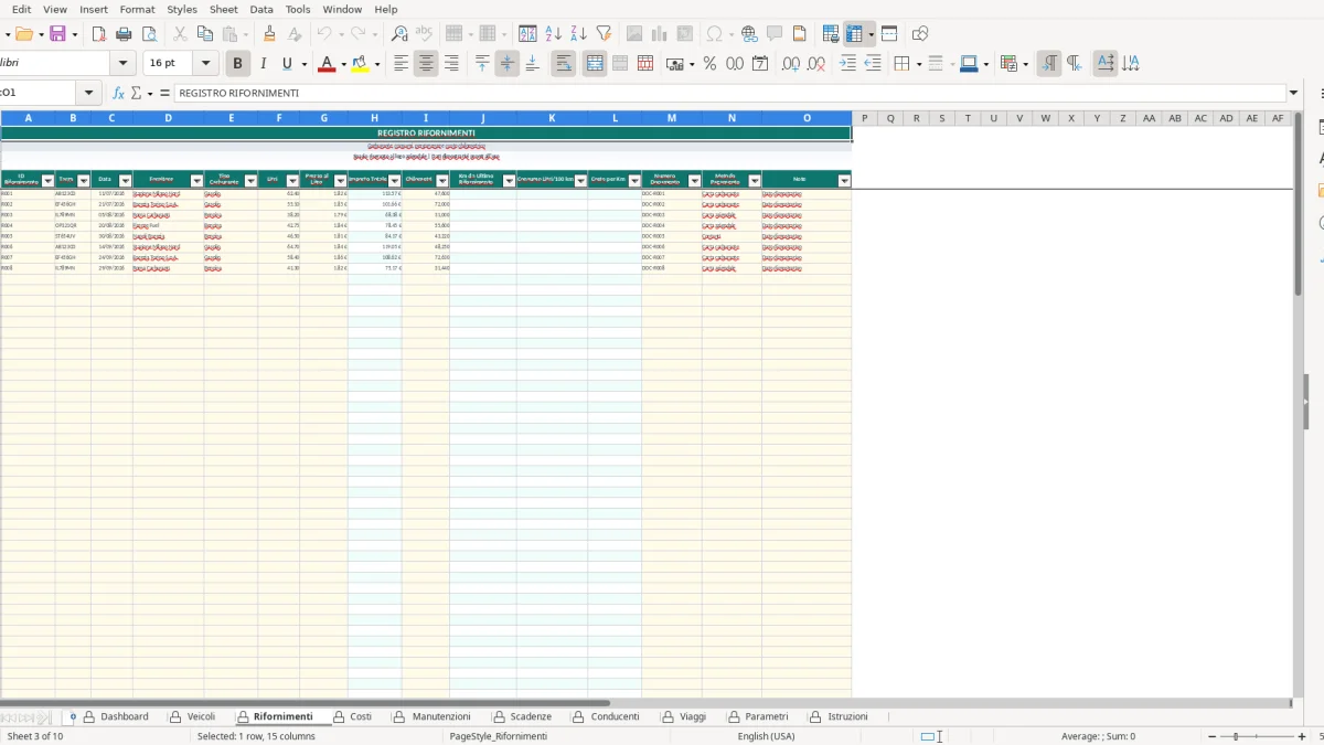 Screenshot 3: Rifornimenti tab - Excel template gestione flotta veicoli excel