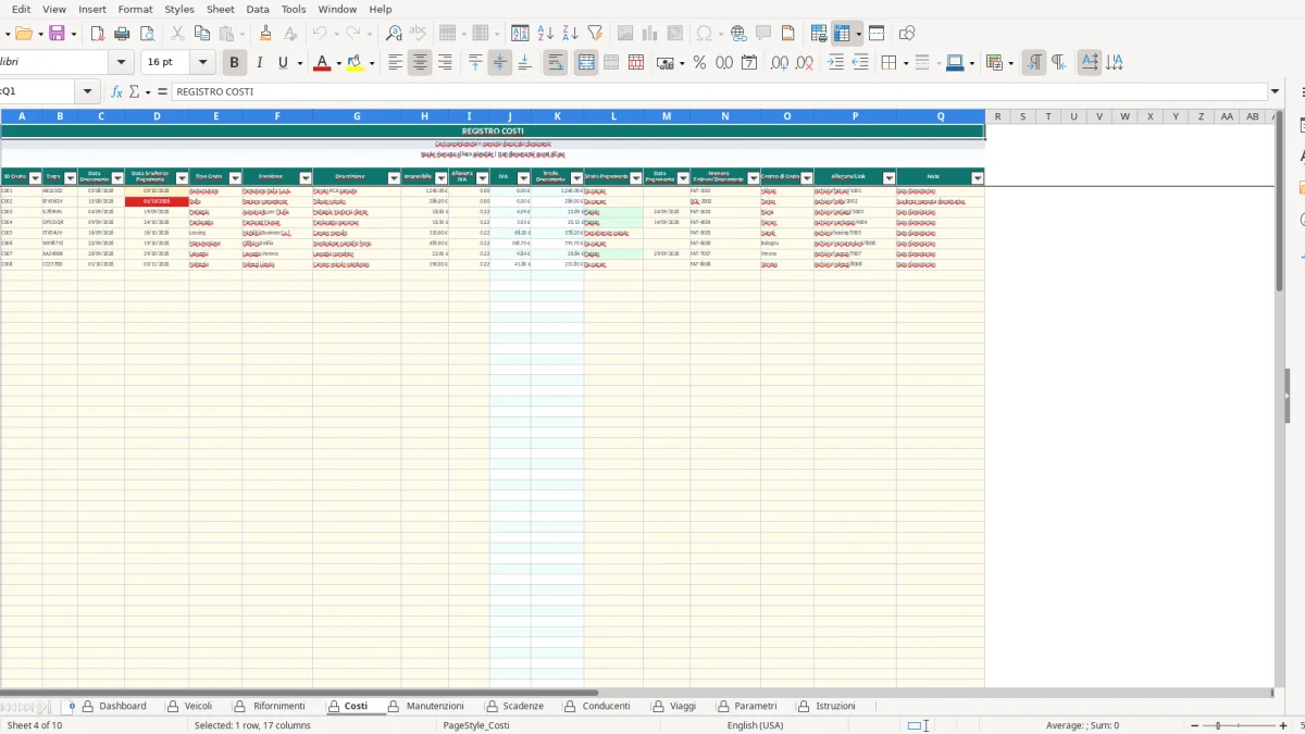 Screenshot 4: Costi tab - Excel template gestione flotta veicoli excel