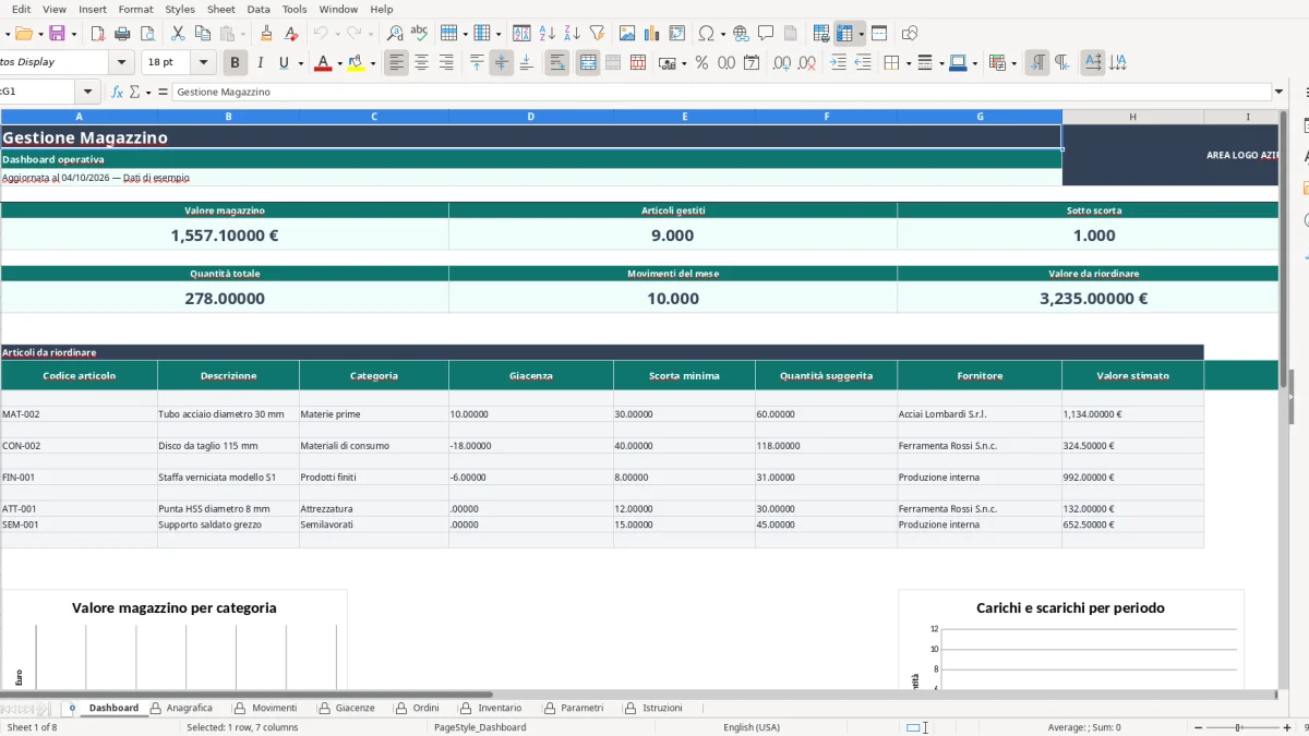 Screenshot 1: Dashboard tab - Excel template gestione magazzino excel