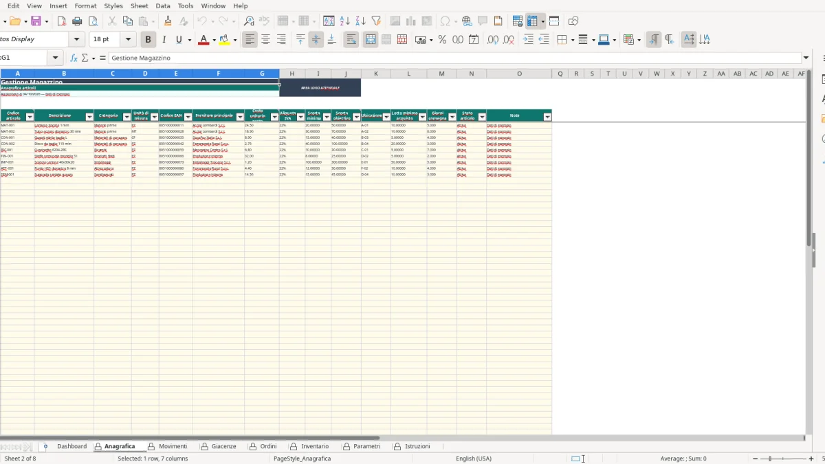 Screenshot 2: Anagrafica tab - Excel template gestione magazzino excel