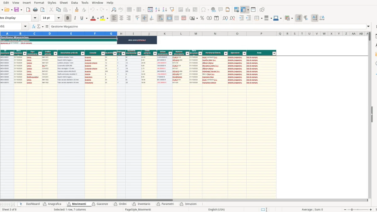 Screenshot 3: Movimenti tab - Excel template gestione magazzino excel